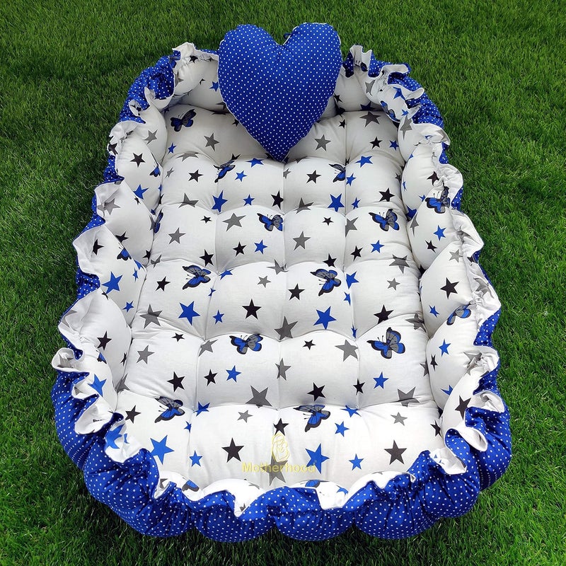 MOTHERHOOD MOTHERHOOD Rectangle Baby Tub Bed HeartBaby Pillow Luxury Mattress Bed Sleeper Bedding Set coSleeper Safe Cotton Fabric with RFilled UltraSoft Comfortable for Newborn Blue - Image 1
