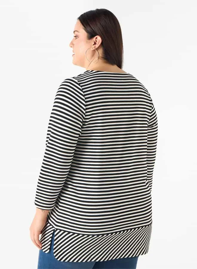 Ulla Popken Plus Size Ulla Popken Striped Crew Neck T-shirt with 3/4 Sleeves