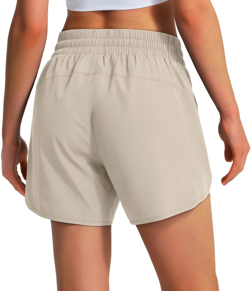 Ksmien Women's 5"/ 7" Athletic Running Shorts Quick Dry Lightweight Workout Gym Shorts with Zipper Pockets UPF 50+ Khaki - Image 2