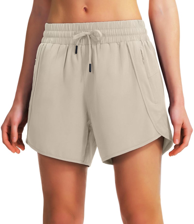 Ksmien Women's 5"/ 7" Athletic Running Shorts Quick Dry Lightweight Workout Gym Shorts with Zipper Pockets UPF 50+ Khaki - Image 4