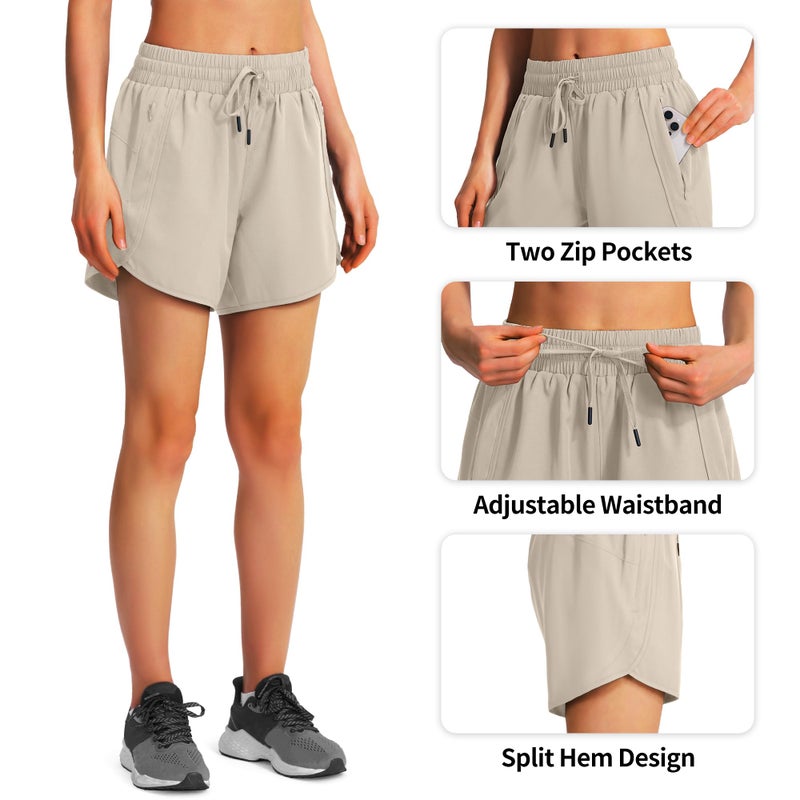 Ksmien Women's 5"/ 7" Athletic Running Shorts Quick Dry Lightweight Workout Gym Shorts with Zipper Pockets UPF 50+ Khaki - Image 5