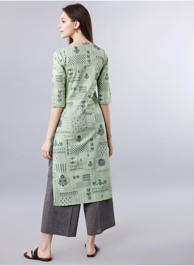Vishudh Women Green Printed Straight Kurta by Styli  - Image 3
