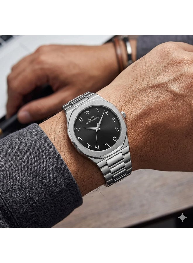 ساعة S1329G رجالي بعقارب وسوار ستانلس ستيل فضي ومينا أسود بأرقام عربية شرقية - Image 3