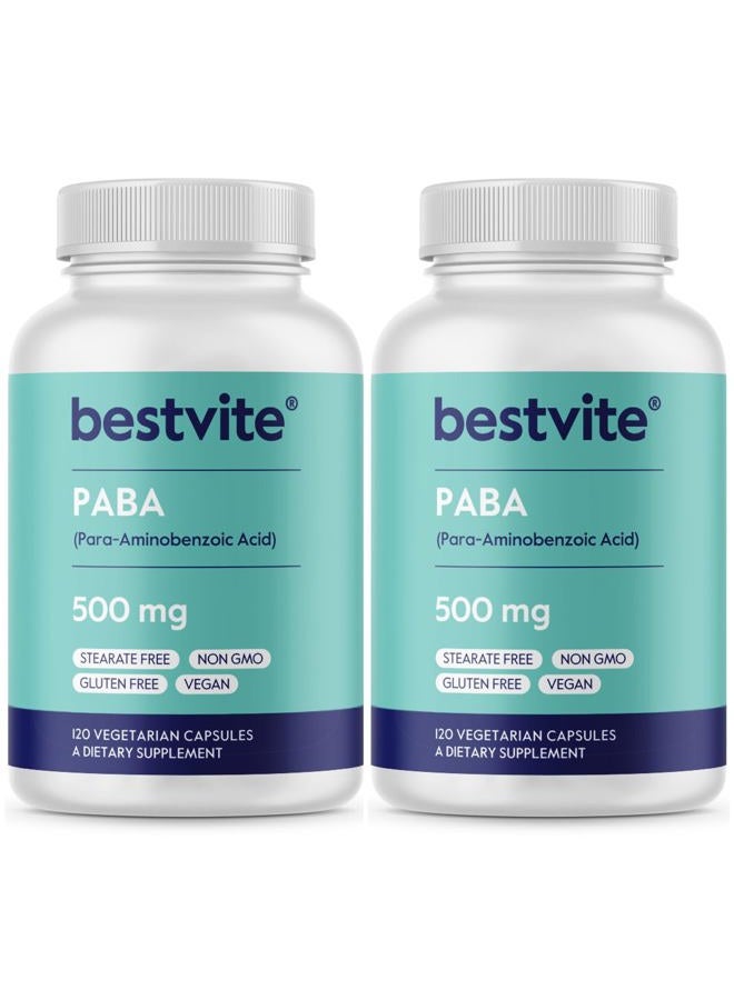 BESTVITE PABA 500mg (240 Vegetarian Capsules) (120 x 2) (para-Aminobenzoic Acid) - No Stearates - Vegan - Non GMO - Gluten Free - Image 1