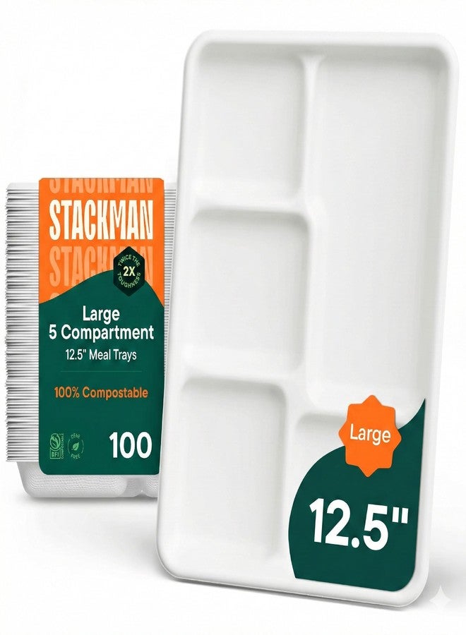 Stack Man 100% Compostable, Large 5 Compartment, Disposable Tray [100-Pack] - [12.5 Inch] Heavy Duty Biodegradable Bagasse Sectional Lunch Trays + Dividers - Divided Platter - (PFAS Free (BPA Certified - Image 1