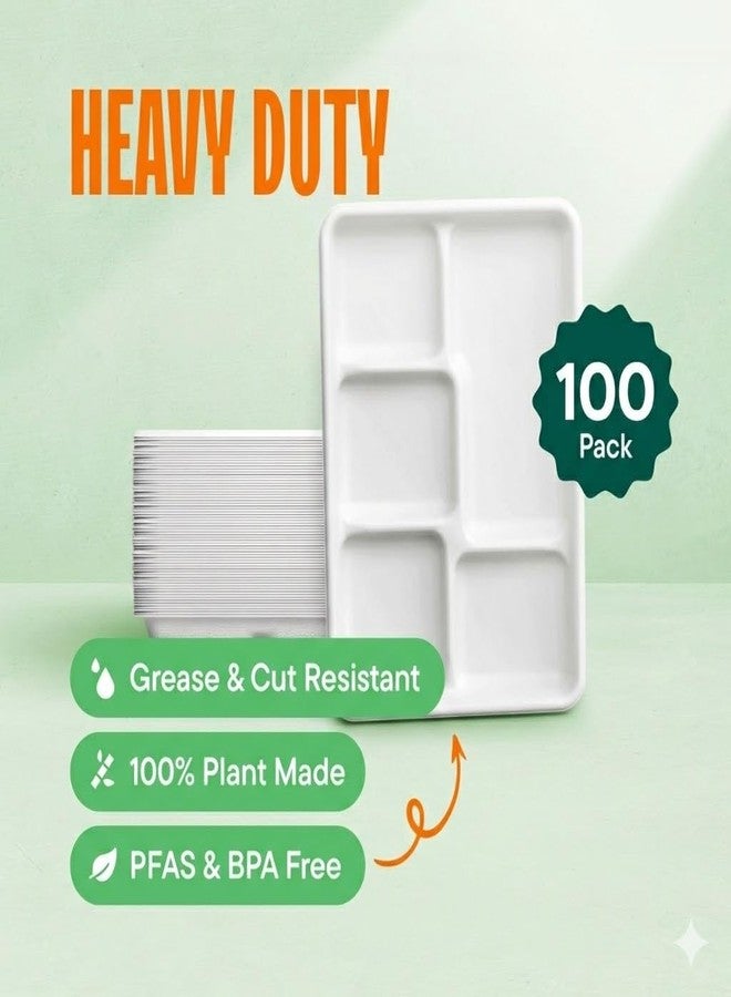 Stack Man 100% Compostable, Large 5 Compartment, Disposable Tray [100-Pack] - [12.5 Inch] Heavy Duty Biodegradable Bagasse Sectional Lunch Trays + Dividers - Divided Platter - (PFAS Free (BPA Certified - Image 2