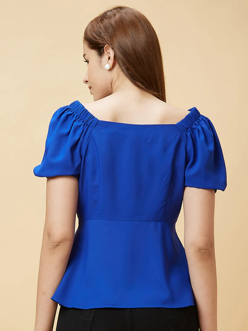 globus Women Blue Sweetheart Neck Puff Sleeves Peplum Top