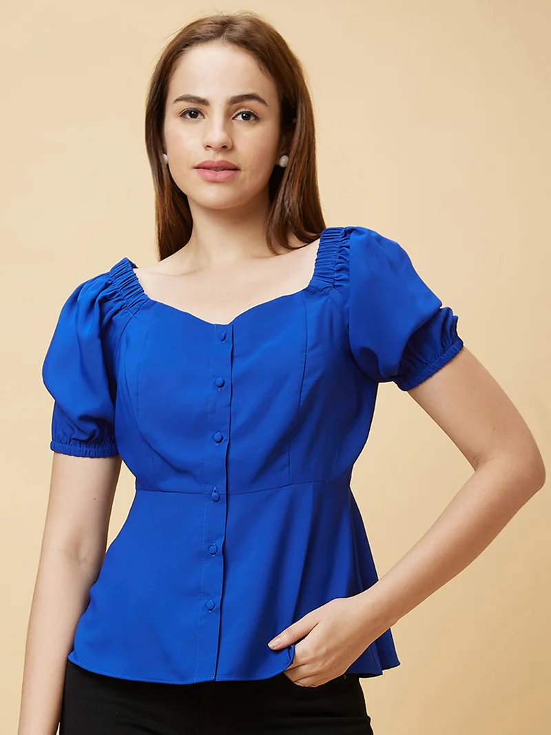 globus Women Blue Sweetheart Neck Puff Sleeves Peplum Top