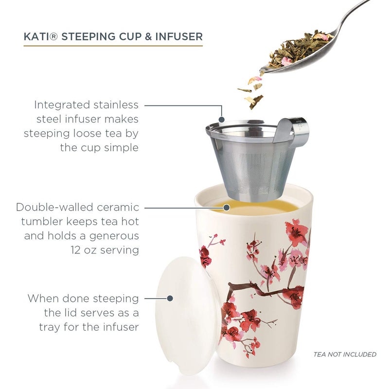 Tea Forte Double-Walled Ceramic Kati Cup, Removable Stainless Steel Infuser Basket and Lid, Steeps 12 oz Loose Leaf Tea, Dishwasher & Microwave Safe, Cherry Blossom - Image 5