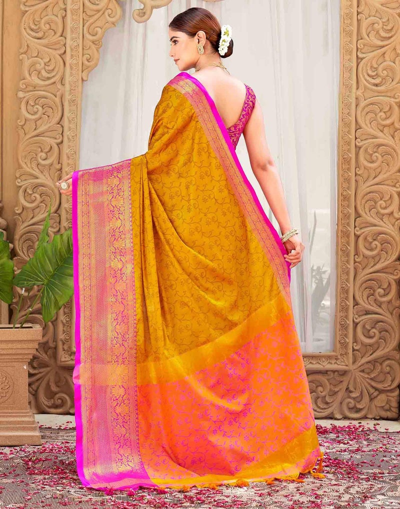 SIRIL Women's Soft Banarasi Silk Jacquard Saree with Unstitched Blouse Piece (4585S1105_Mustard Yellow & Pink) - Image 4