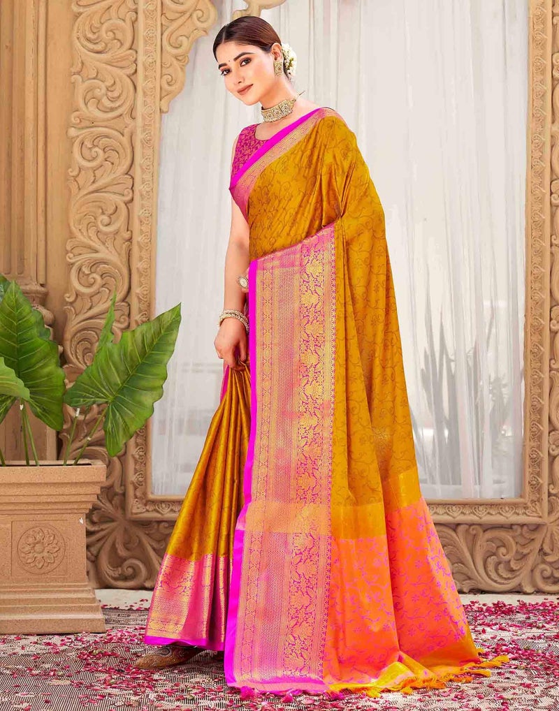 SIRIL Women's Soft Banarasi Silk Jacquard Saree with Unstitched Blouse Piece (4585S1105_Mustard Yellow & Pink) - Image 2