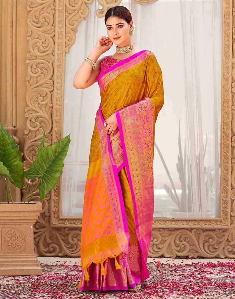 SIRIL Women's Soft Banarasi Silk Jacquard Saree with Unstitched Blouse Piece (4585S1105_Mustard Yellow & Pink) - Image 3