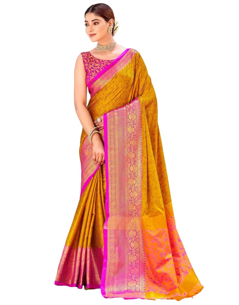 SIRIL Women's Soft Banarasi Silk Jacquard Saree with Unstitched Blouse Piece (4585S1105_Mustard Yellow & Pink) - Image 1
