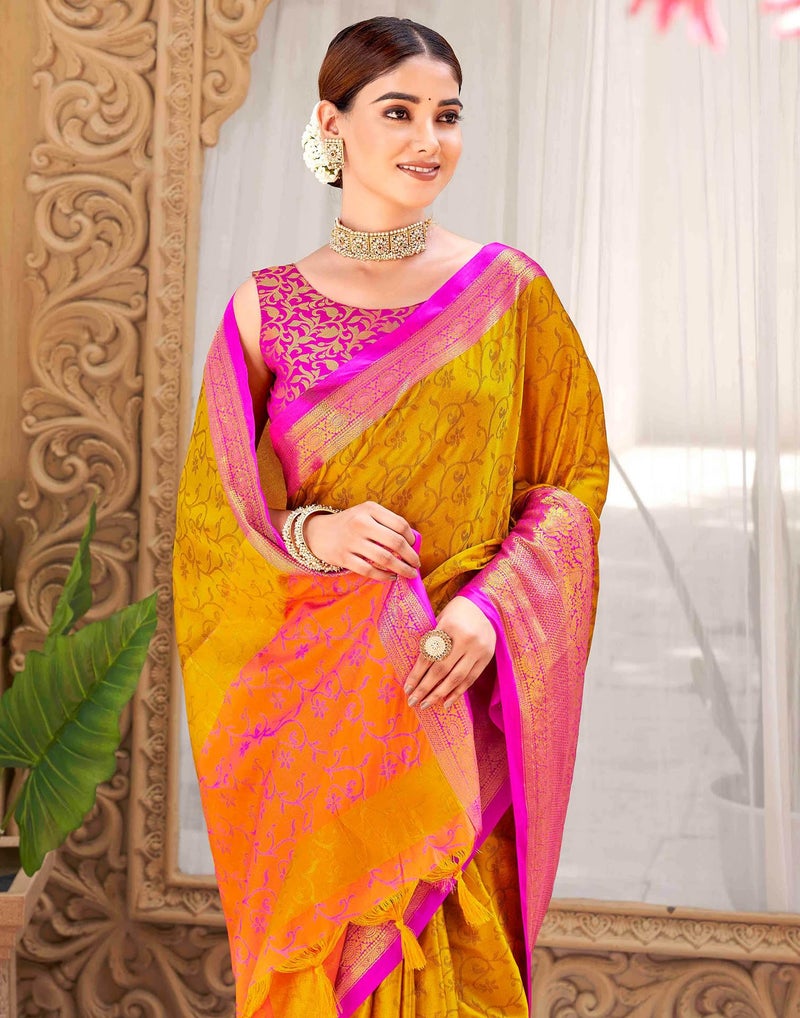 SIRIL Women's Soft Banarasi Silk Jacquard Saree with Unstitched Blouse Piece (4585S1105_Mustard Yellow & Pink) - Image 5