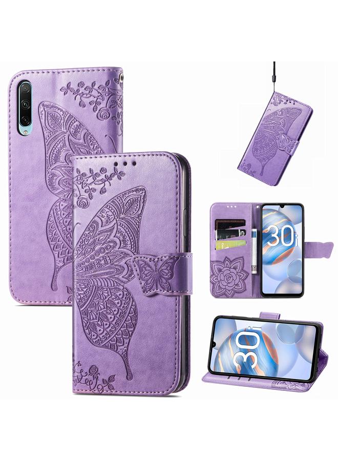 اس-توب جراب هاتف Honor 30i من الجلد المنقوش بنقشة زهور الحب والفراشات - Image 1