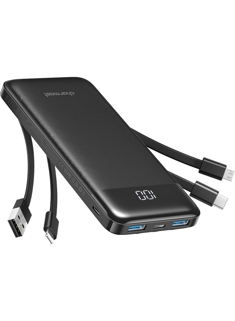 Charmast Power Bank with Built in Cable, 10000mAh USB C Battery pack 6 Outputs 2 Inputs with LED Display Type C Powerbank Portable Charger Compatible with Smartphones Tablets and More(Black) - Image 1
