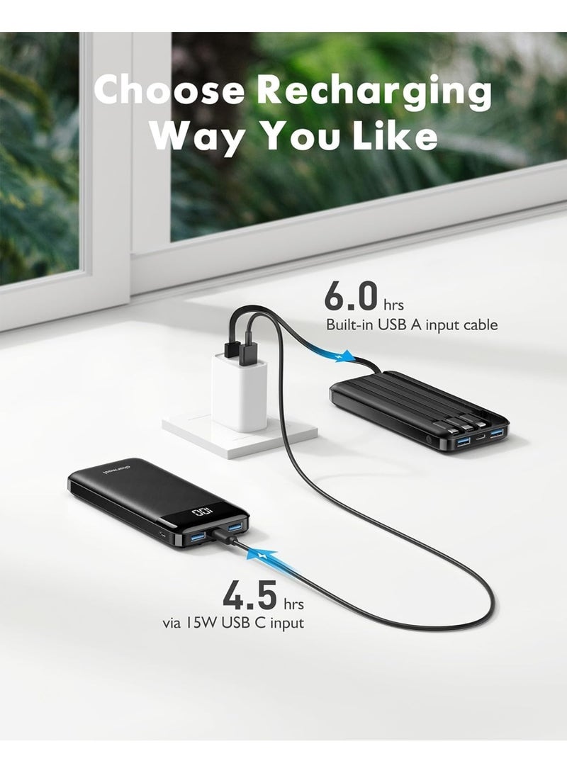 Charmast Power Bank with Built in Cable, 10000mAh USB C Battery pack 6 Outputs 2 Inputs with LED Display Type C Powerbank Portable Charger Compatible with Smartphones Tablets and More(Black) - Image 2