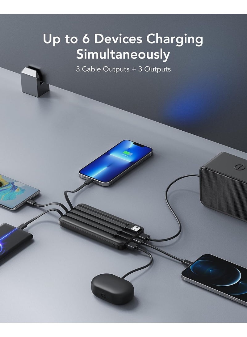 Charmast Power Bank with Built in Cable, 10000mAh USB C Battery pack 6 Outputs 2 Inputs with LED Display Type C Powerbank Portable Charger Compatible with Smartphones Tablets and More(Black) - Image 3