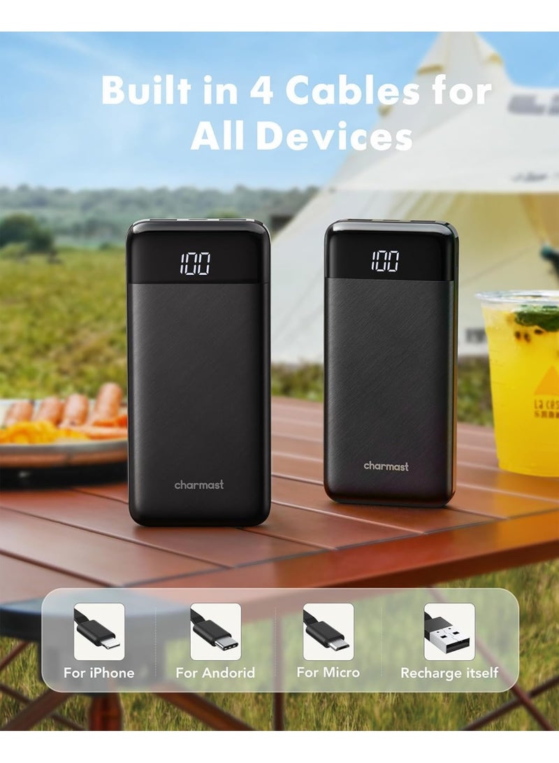 Charmast Power Bank with Built in Cable, 10000mAh USB C Battery pack 6 Outputs 2 Inputs with LED Display Type C Powerbank Portable Charger Compatible with Smartphones Tablets and More(Black) - Image 4