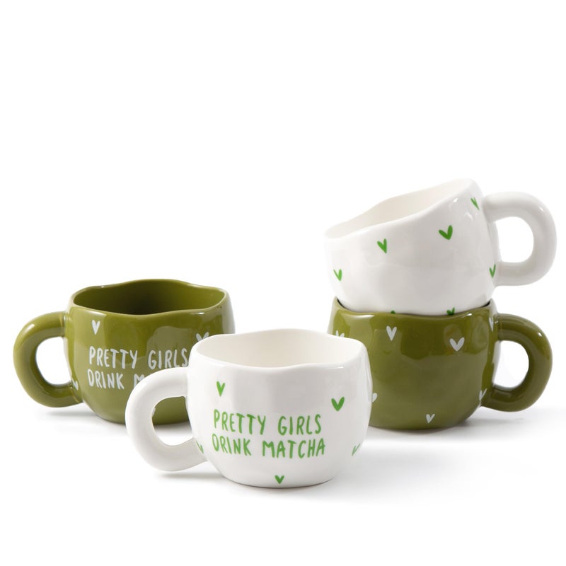 YumiPLUS 4pcs Ceramic Coffee Cups 94OZ Cute Matcha Cup Set Green White Dishwasher Safe Green Tea Mugs Pretty Girls Collection - Image 2