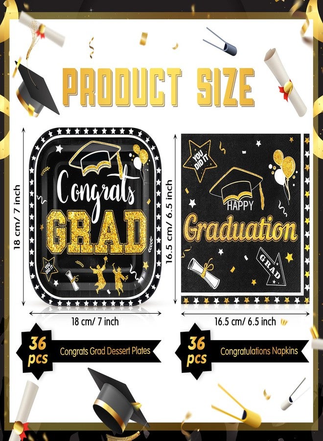 Zhehao 72 Pcs 2026 Graduation Party Supplies Set Serve 36, 7" Square Congrats Grad Paper Dessert Plates and Napkins Class of 2026 Graduation Disposable Dinnerware Decoration for Holiday(Black) - Image 3