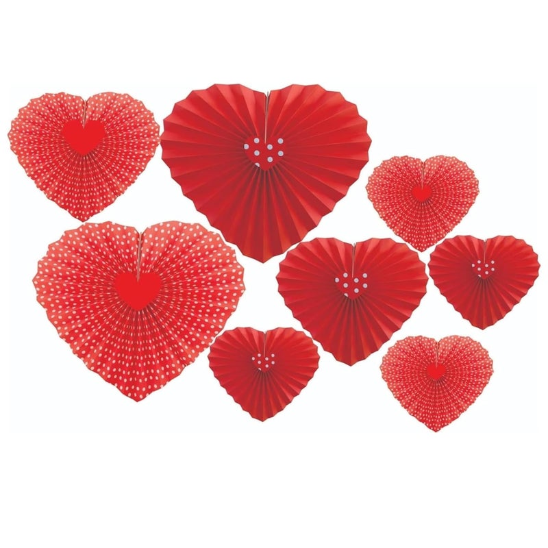 DIGI ARTS Red Hearts Paper Fan Valentines Day Heart Hanging String Garland 2 Diffent Design Valentine Decorations Anniversary Wedding Anniversary Birthday Party Pack of 8 RED