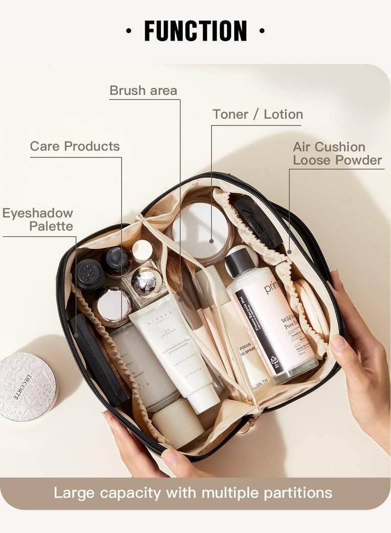 URbazaar Large Capacity Travel Cosmetic Bag, Multifunctional Storage Makeup Bag PU Leather Makeup Bag, with Handle and Divider Travel Cosmetic Bags for Women (Black) - Image 3