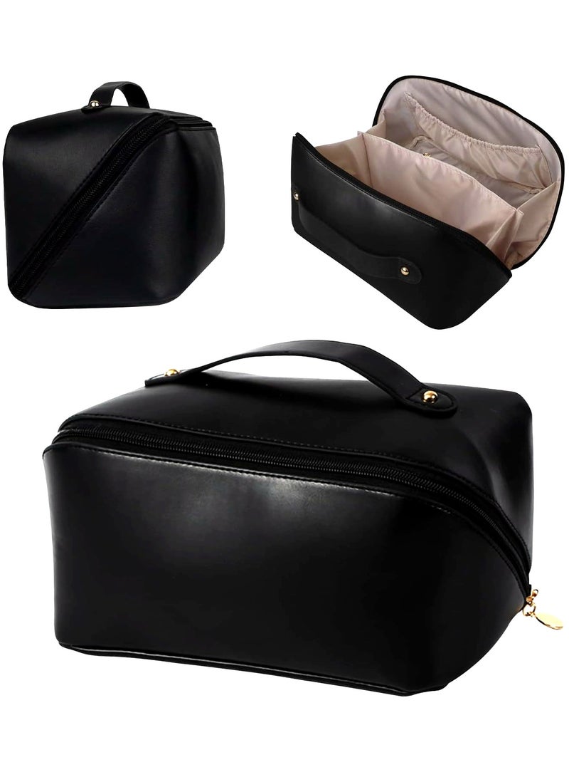 URbazaar Large Capacity Travel Cosmetic Bag, Multifunctional Storage Makeup Bag PU Leather Makeup Bag, with Handle and Divider Travel Cosmetic Bags for Women (Black) - Image 1