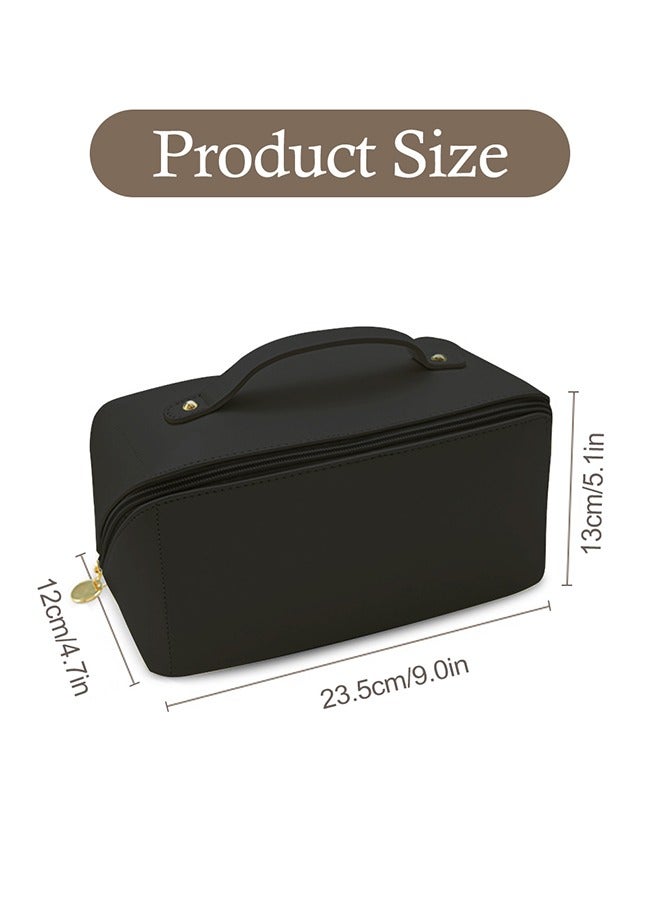 URbazaar Large Capacity Travel Cosmetic Bag, Multifunctional Storage Makeup Bag PU Leather Makeup Bag, with Handle and Divider Travel Cosmetic Bags for Women (Black) - Image 2