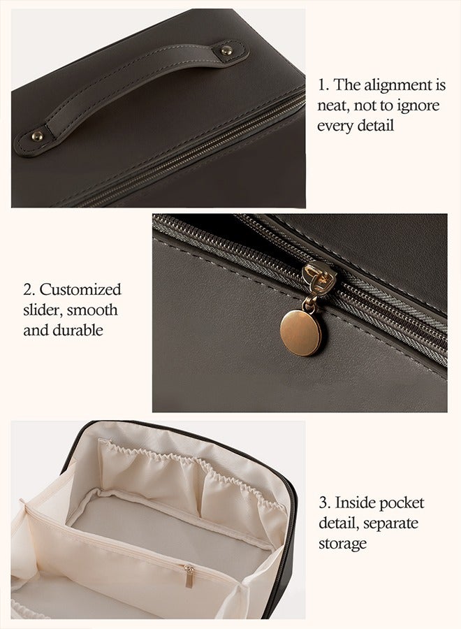 URbazaar Large Capacity Travel Cosmetic Bag, Multifunctional Storage Makeup Bag PU Leather Makeup Bag, with Handle and Divider Travel Cosmetic Bags for Women (Black) - Image 4