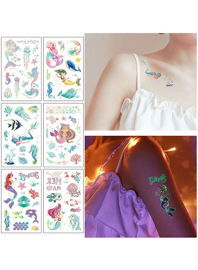 6 وشم مضيئة للأطفال - حورية البحر وشم مؤقت للأطفال - توهج حورية البحر الوشم وهدايا الهدايا الحفل - Image 1