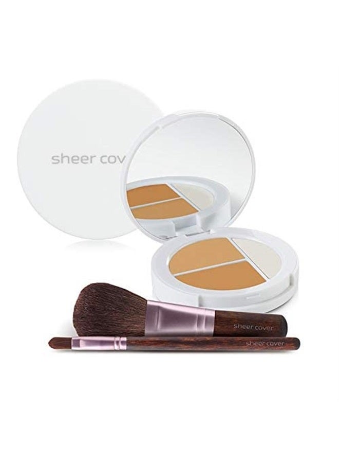 SHEER COVER – Flawless Face Kit – Perfect Shade Mineral Foundation – Conceal & Brighten Highlight Trio – with FREE Foundation Brush and Concealer Brush – Tan Shade – 4 Pieces - Image 1