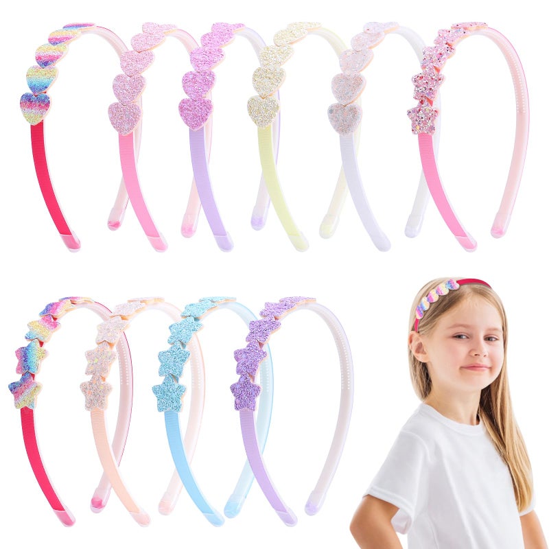 Fishdown Headband for Kids Girls, 10Pcs Rainbow Glitter Hairband for Toddler Heart Rainbow Star Non-slip Headbands with Teeth - Image 2