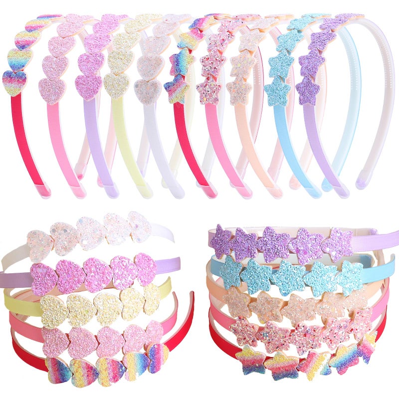 Fishdown Headband for Kids Girls, 10Pcs Rainbow Glitter Hairband for Toddler Heart Rainbow Star Non-slip Headbands with Teeth - Image 1