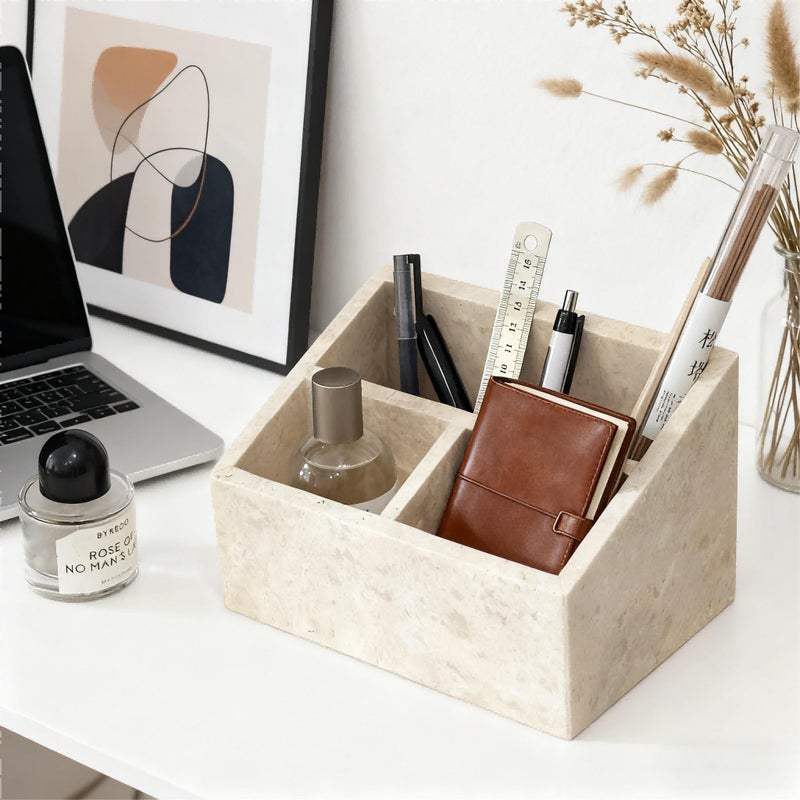 Artisanal Abode Marble Desk Organizer with 3 Compartments, White and Purple Pattern, Modern Design (Beige) - Image 2