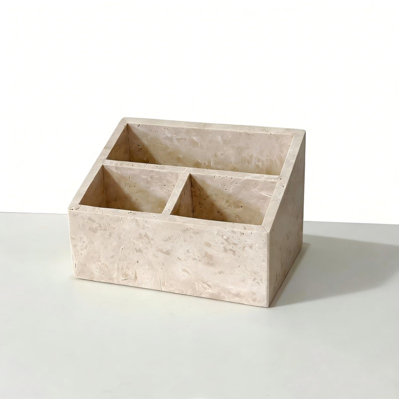 Artisanal Abode Marble Desk Organizer with 3 Compartments, White and Purple Pattern, Modern Design (Beige) - Image 1