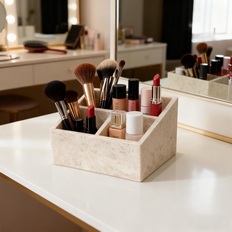 Artisanal Abode Marble Desk Organizer with 3 Compartments, White and Purple Pattern, Modern Design (Beige) - Image 5