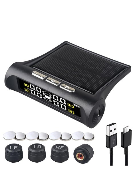 SYOSI Tire Pressure Monitoring System TPMS, 4 Sensor TPMS for Truck Rv Trailer Car with 6 Alarm Modes and Solar Power / USB Charge Large Screen, Long Endurance Battery Life