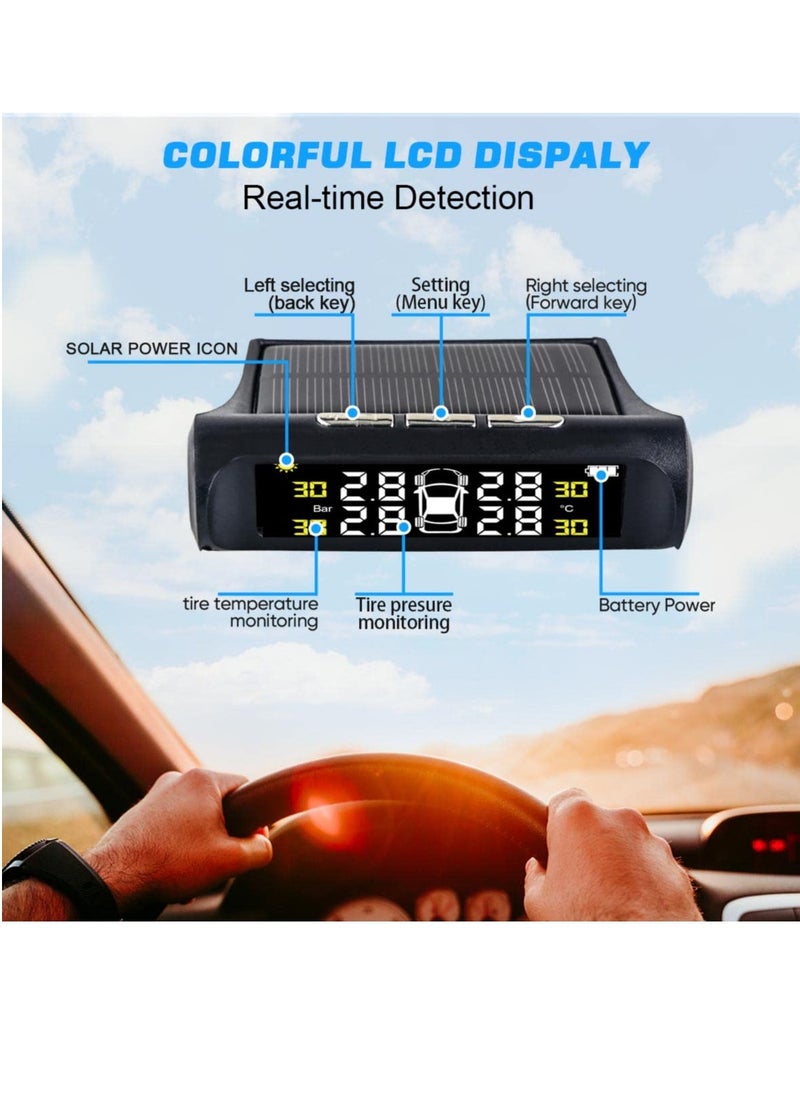 SYOSI - نظام مراقبة ضغط الإطارات SYOSI TPMS، 4 أجهزة استشعار TPMS للشاحنات والمقطورات والسيارات مع 6 أوضاع إنذار وشاشة كبيرة تعمل بالطاقة الشمسية / شحن USB، وعمر بطارية طويل - Image 1