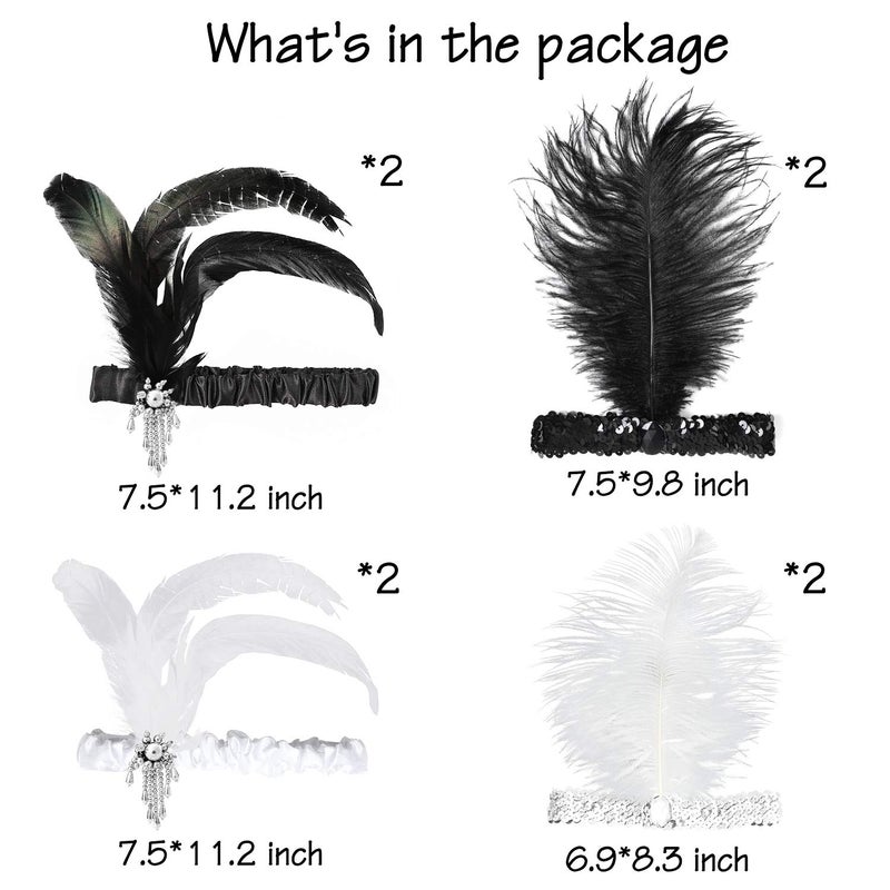 WATINC 8pcs 1920s Flapper Headband,Black and White Sequin Headband with Feather Jewel Detail, Great Gatsby 1920s Hair Accessory, Roaring 20s Gatsby Costume, Vintage Headpiece for Gatsby Theme Party - Image 4