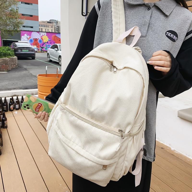 Lamprod Aesthetic Backpack Cute Backpack Corduroy Backpack School Supplies Laptop Bag for Teens Girls Women Students Solid Color(White) - Image 4