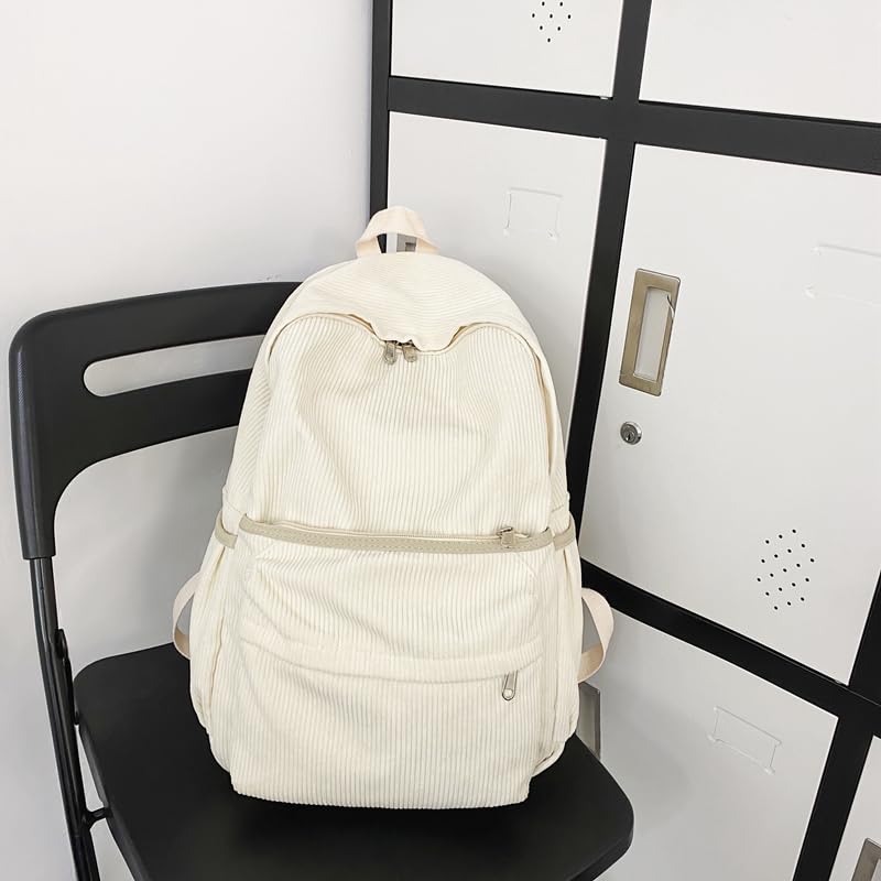 Lamprod Aesthetic Backpack Cute Backpack Corduroy Backpack School Supplies Laptop Bag for Teens Girls Women Students Solid Color(White) - Image 2
