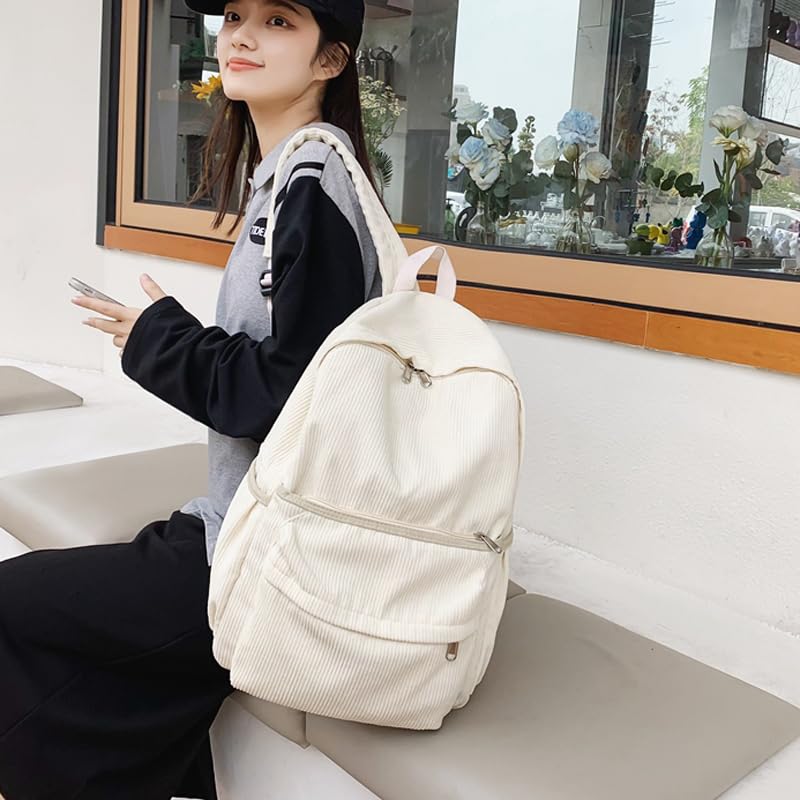 Lamprod Aesthetic Backpack Cute Backpack Corduroy Backpack School Supplies Laptop Bag for Teens Girls Women Students Solid Color(White) - Image 3