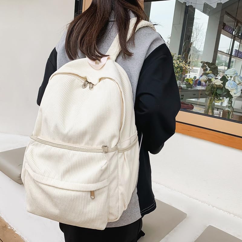 Lamprod Aesthetic Backpack Cute Backpack Corduroy Backpack School Supplies Laptop Bag for Teens Girls Women Students Solid Color(White) - Image 5