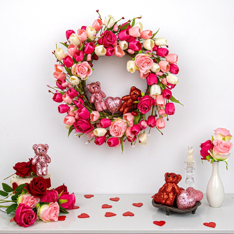 J'FLORU Valentines Day Decorations Romantic Valentines Day Gifts 22 Inch Valentine's Day Wreath with Lovely Bear Heart Roses Tulips for Valentine Party Anniversary Candlelight Dinner - Image 2