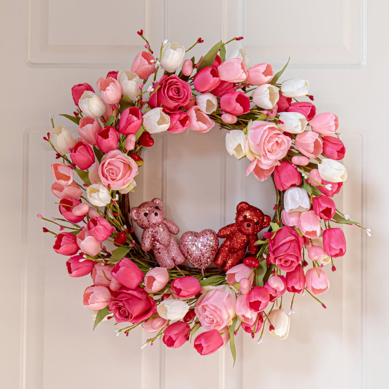 J'FLORU Valentines Day Decorations Romantic Valentines Day Gifts 22 Inch Valentine's Day Wreath with Lovely Bear Heart Roses Tulips for Valentine Party Anniversary Candlelight Dinner - Image 3