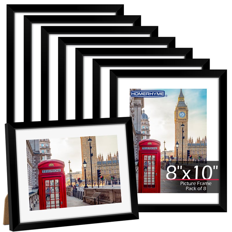 HOMERHYME إطار صور هومرهايم 8x10، مجموعة من 8 إطارات صور سوداء للعرض على الطاولة أو الحائط، يناسب صورًا مقاس 5x7 مع إطار داخلي أو 8x10 بدون إطار داخلي، إطار صور مجمع مع زجاج شبكي عالي الجودة لتزيين المنزل - Image 1