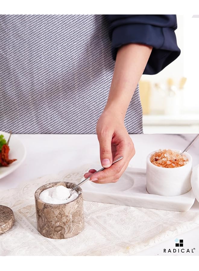 RADICALn Marble Salt Cellar With Lid & Tray Oceanic And White Handmade Set Of 2 Salt Box Seasoning Containers  Kitchen Table Decor Spice Jar, Sugar Container   Storage Box For Salt - Image 5