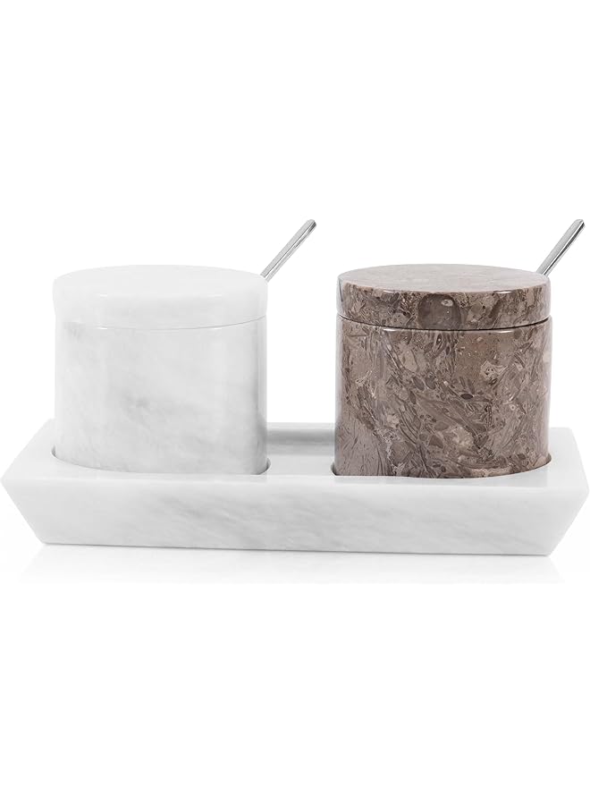 RADICALn Marble Salt Cellar With Lid & Tray Oceanic And White Handmade Set Of 2 Salt Box Seasoning Containers  Kitchen Table Decor Spice Jar, Sugar Container   Storage Box For Salt - Image 1
