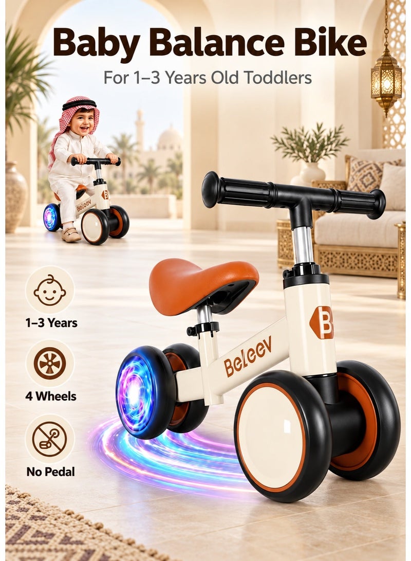 BELEEV Baby Balance Bike for Toddlers 1-3 Years, 4 Wheels No Pedal Ride On Toy with EVA Wheels, Adjustable Seat & Handlebar, First Bike for Boys & Girls, Brown - Image 1